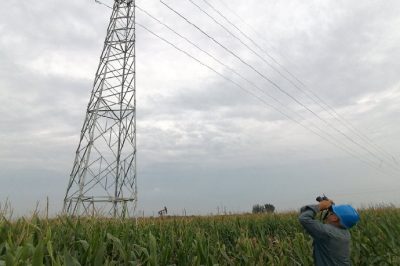 運維檢修部輸電運維人員對服務(wù)區供電線(xiàn)路設備雨后踩泥巡視